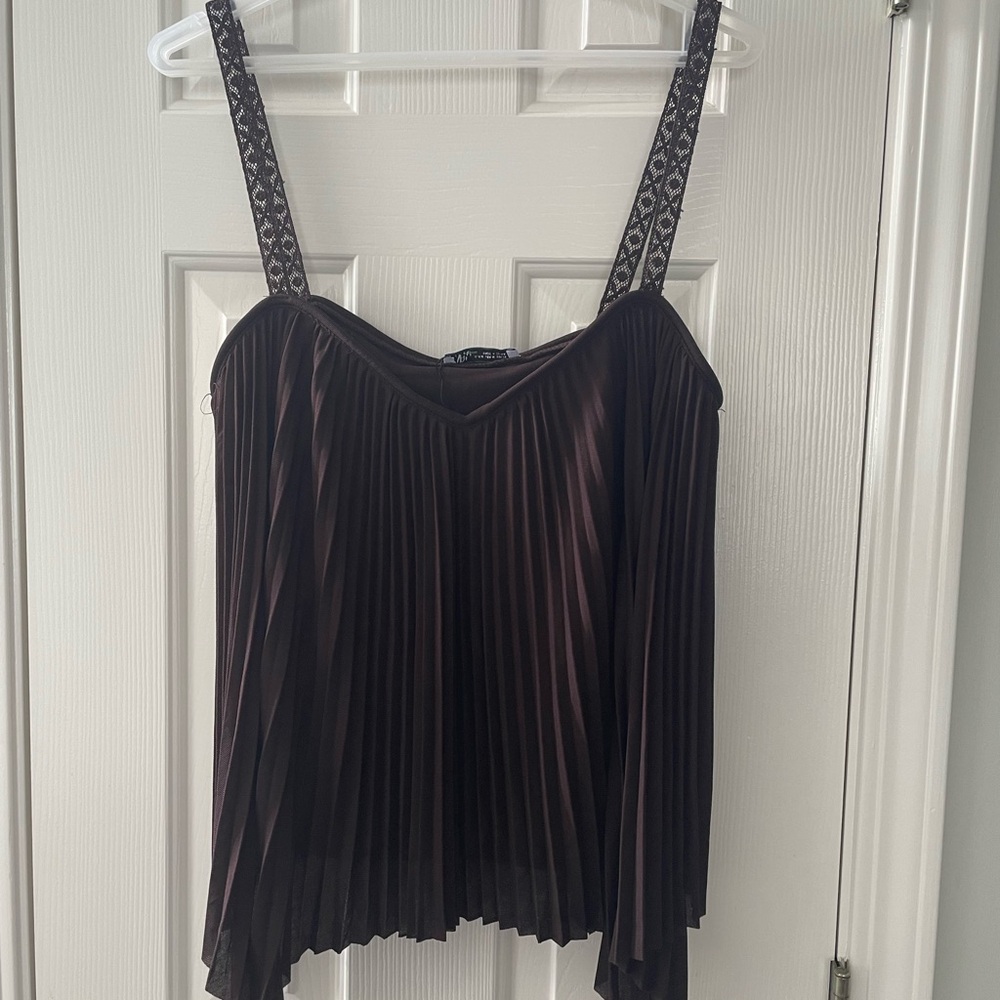 Zara Black Pleated Camisole with Patterned Straps